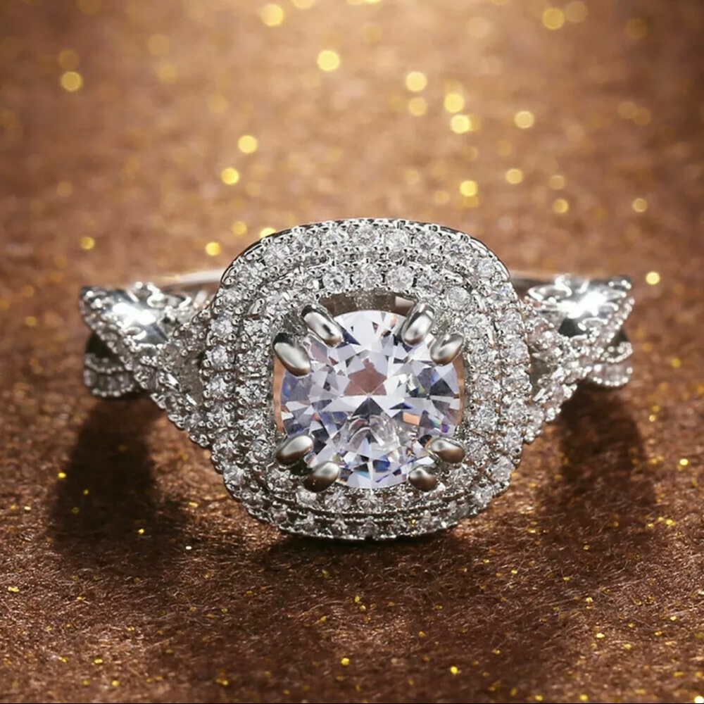 Sterling silver rose gold round cut solitaire halo wedding ring white Sapphires - Picture 3 of 11